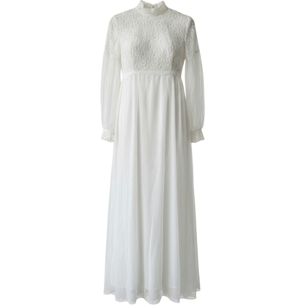 Vintage White Lace Mock Neck Long Sleeve Maxi Wedding Dress Empire Waist w/veil